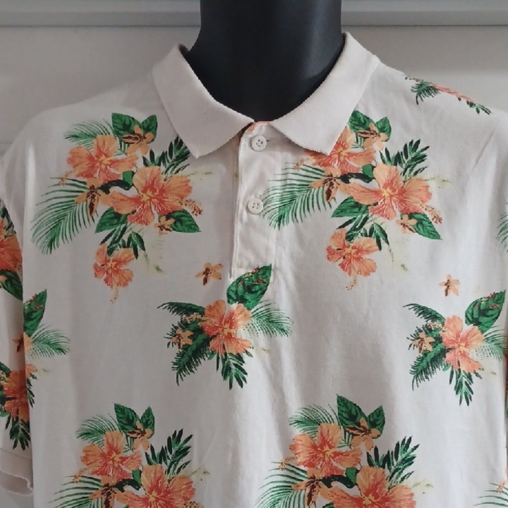 Threadbare Floral Print Polo Shirt - White, Green and Orange - Picture 7 of 8